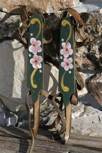 Antique Wooden Ice Skates Artisan Hand Painted Pink Flowers Original Leather from Holland