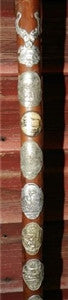 Antique Walking Stick 11 Badges Medallions Stocknagels 34 1/2 Inches Long