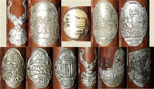 Antique Walking Stick 11 Badges Medallions Stocknagels 34 1/2 Inches Long